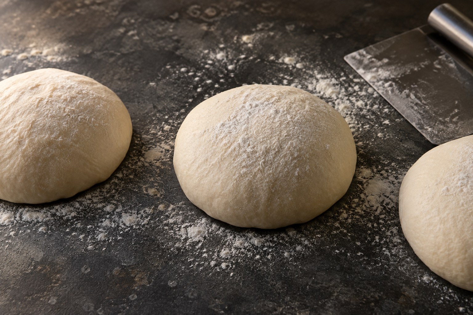 Pizza dough resting on a flour-dusted worktop
